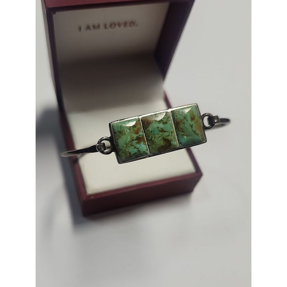 Vintage Sterling Silver Turquoise Inlay Bangle Bracelet 3 Stone Panel